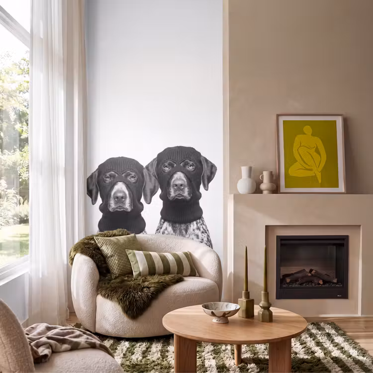 Honden - Bivakmuts - Zwart - wit Behang Vlies klein -sfeer2