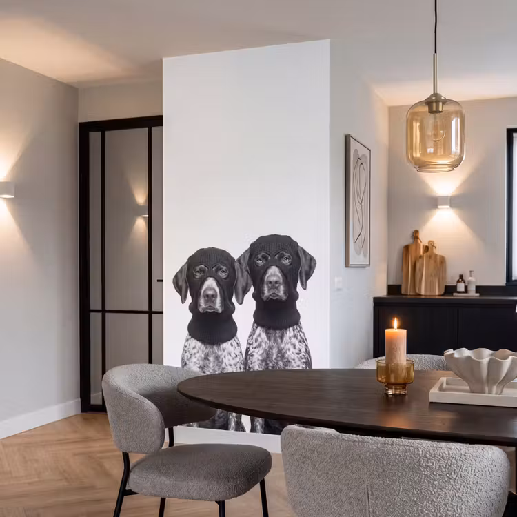 Honden - Bivakmuts - Zwart - wit Behang Vlies klein -sfeer3