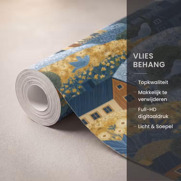 Huisjes - Bloemen - Patroon - Geel - Blauw Behang Vlies klein 1076 -USP_closeupNL