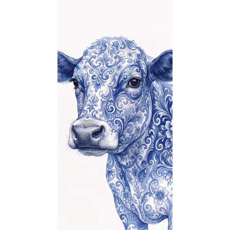 Illustratie - Koe - Blauw Behang Vlies klein -3d_website
