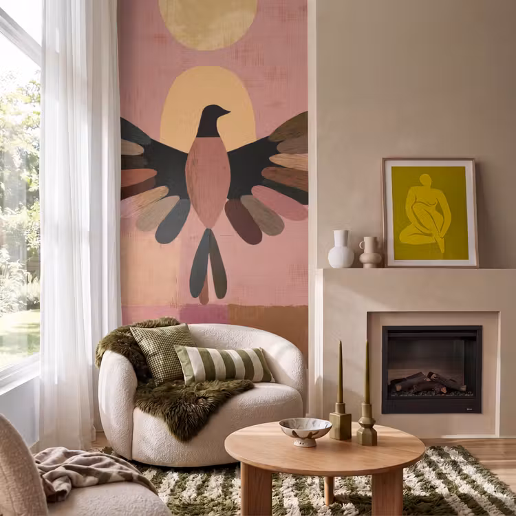 Illustratie - Vogel - Vlakken - Kleurrijk Behang Vlies klein -sfeer2