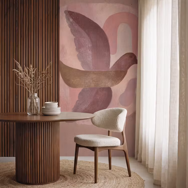 Illustratie - Vogels - Abstract - Roze Behang Vlies klein -sfeer1