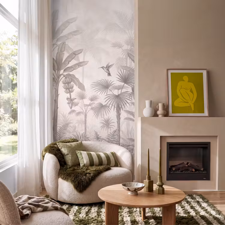 Jungle - Banenboom - Kolibrie - Beige Behang Vlies klein -sfeer2