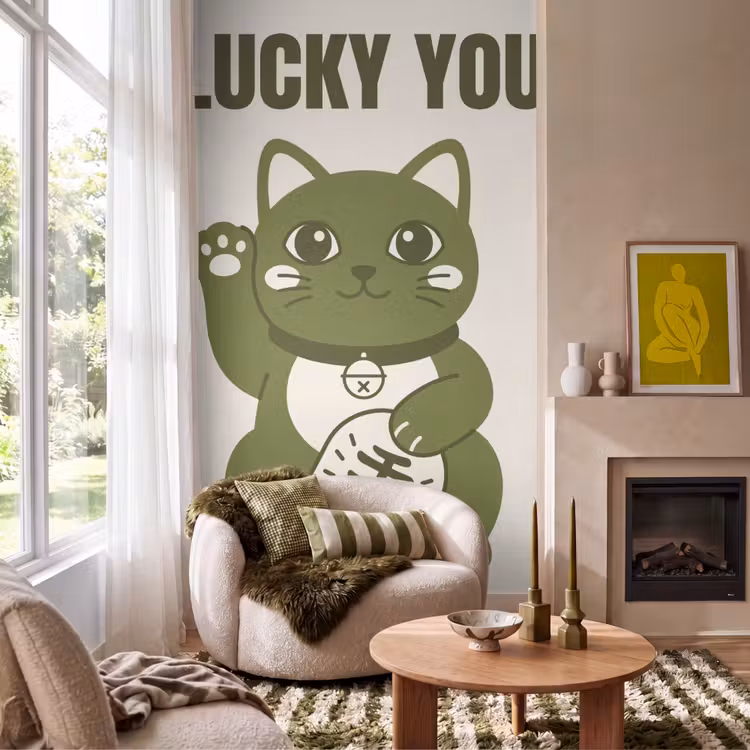 Kat - Geluk - Dieren - Modern - Groen Behang Vlies klein -sfeer2