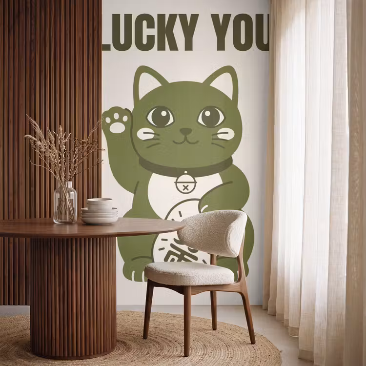 Kat - Geluk - Dieren - Modern - Groen Behang Vlies klein -sfeer1