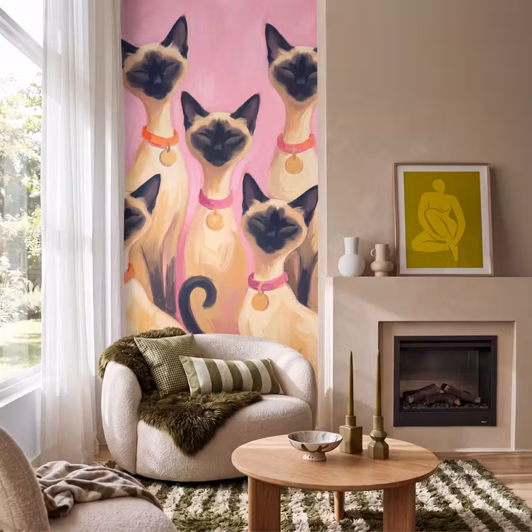 Kat - Groep - Dieren - Modern - Roze Behang Vlies klein -sfeer2