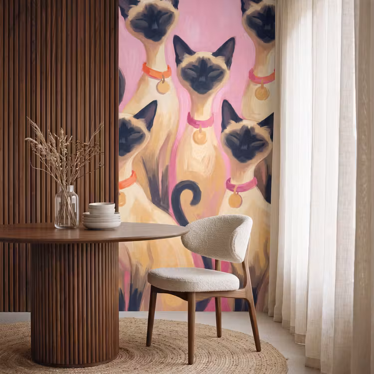 Kat - Groep - Dieren - Modern - Roze Behang Vlies klein -sfeer1