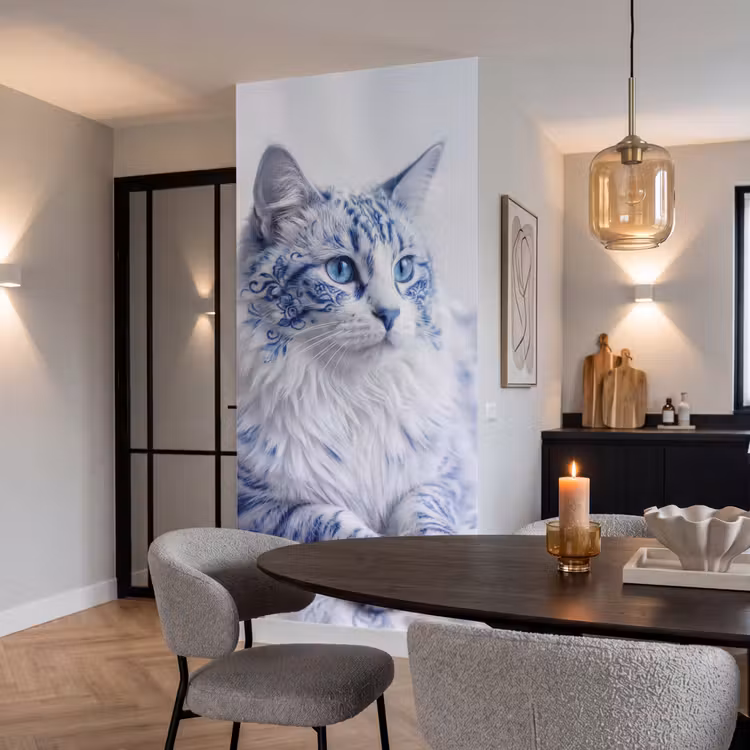 Kat - Patroon - Blauw Behang Vlies klein -sfeer3