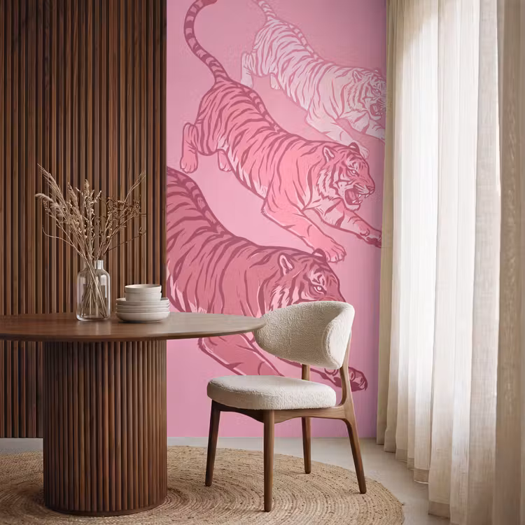 Kat - Springend - Dieren - Roze - Modern Behang Vlies klein -sfeer1