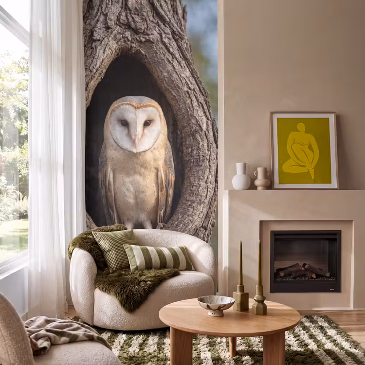 Kerkuil - Boom - Natuur - Bruin Behang Vlies klein -sfeer2