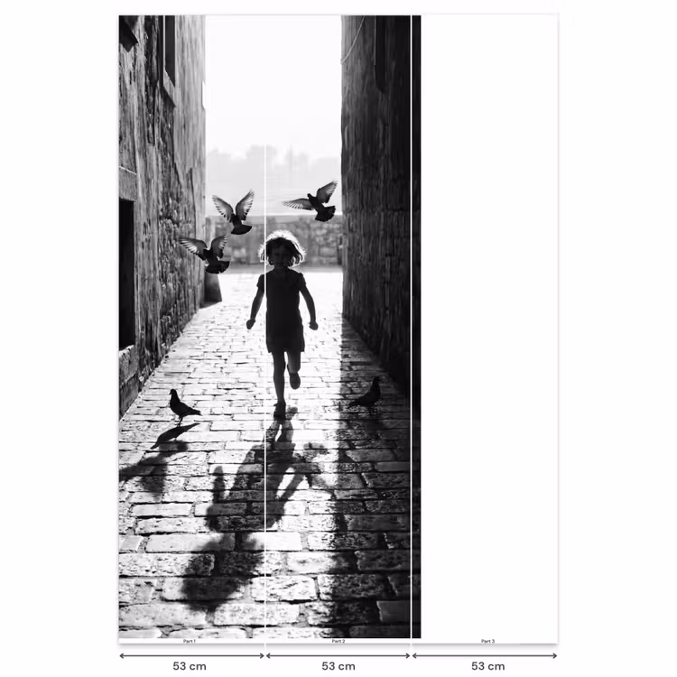 Kind - Vogel - Straat - Zwart-wit - Spelen Behang Vlies klein -USP_banen