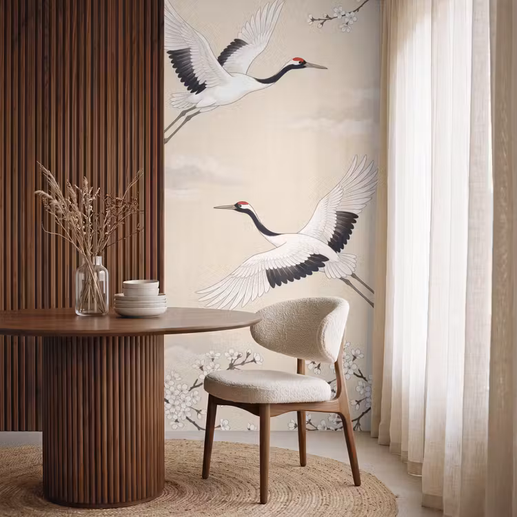 Kraanvogels - Bloesem - Beige Behang Vlies klein -sfeer1