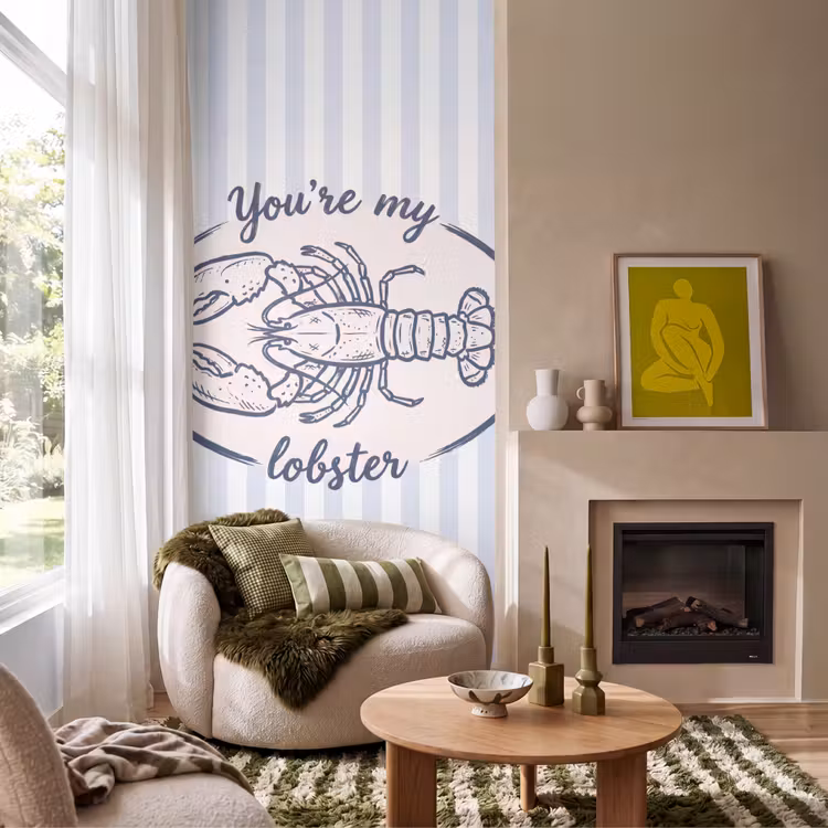 Kreeft - Illustratie - Liefde - Blauw - Decoratie Behang Vlies klein -sfeer2