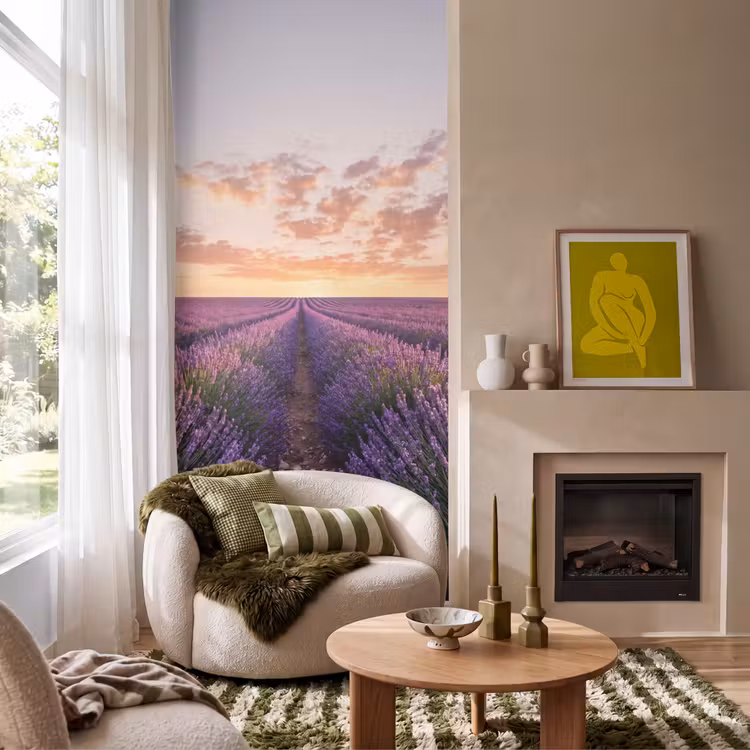 Landschap - Lavendelveld - Paars Behang Vlies klein -sfeer2