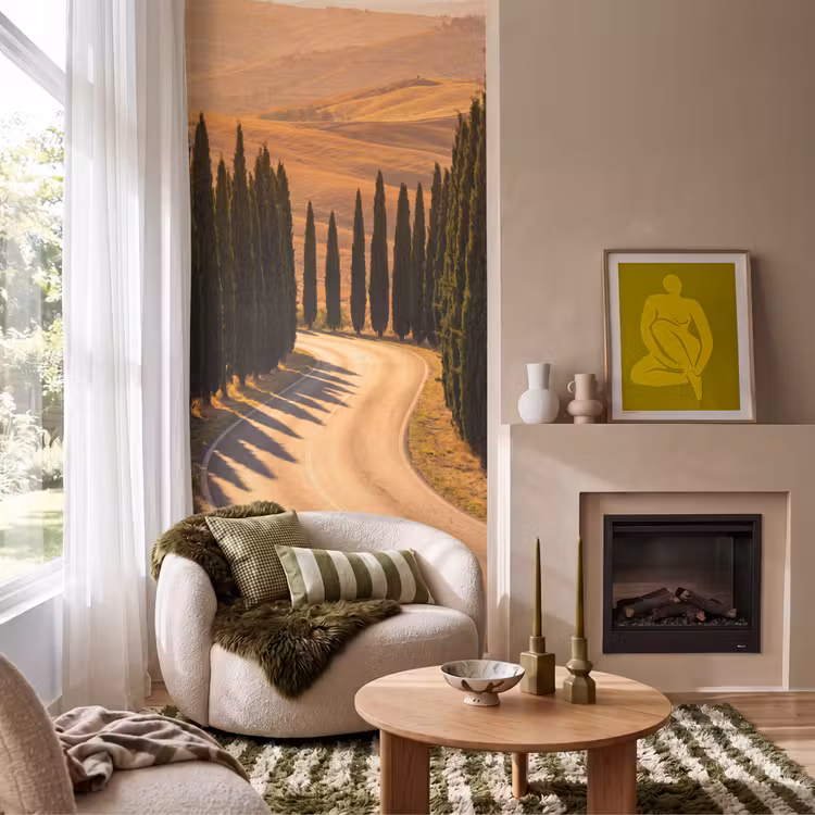 Landschap - Weg - Bomen - Natuur - Goud Behang Vlies klein -sfeer2