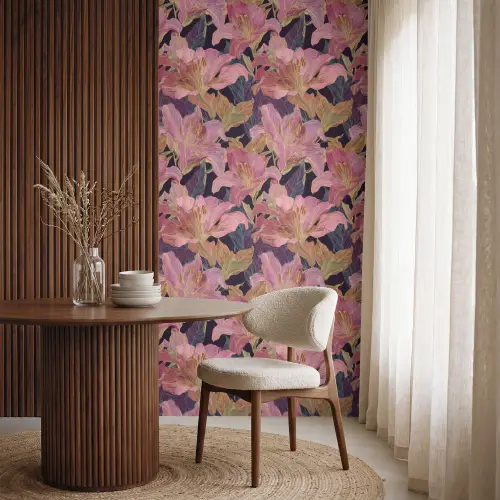 Lelies - Patroon - Roze - Goud Behang Vlies klein 1076 -sfeer1