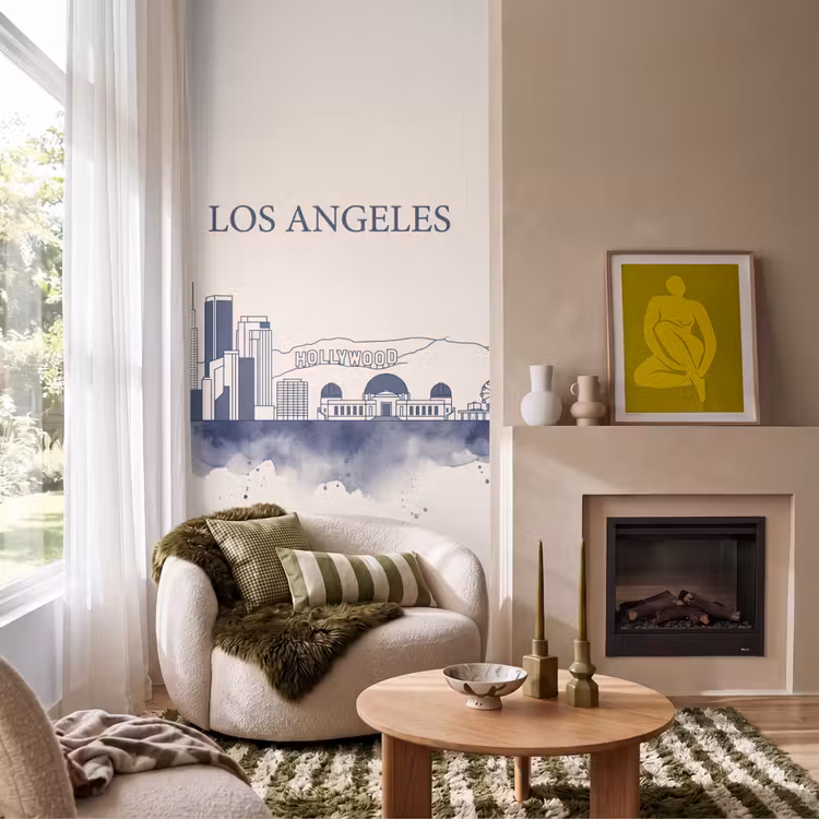 Los Angeles - Skyline - Architectuur - Aquarel - Blauw Behang Vlies klein -sfeer2