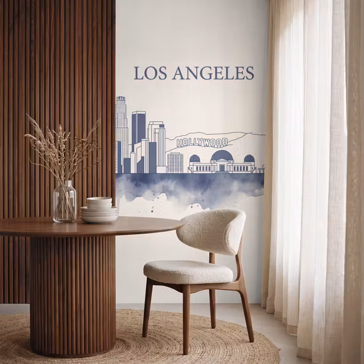 Los Angeles - Skyline - Architectuur - Aquarel - Blauw Behang Vlies klein -sfeer1