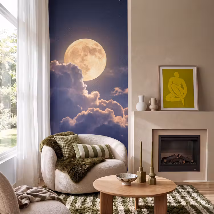 Maan - Wolken - Nacht - Oranje Behang Vlies klein -sfeer2