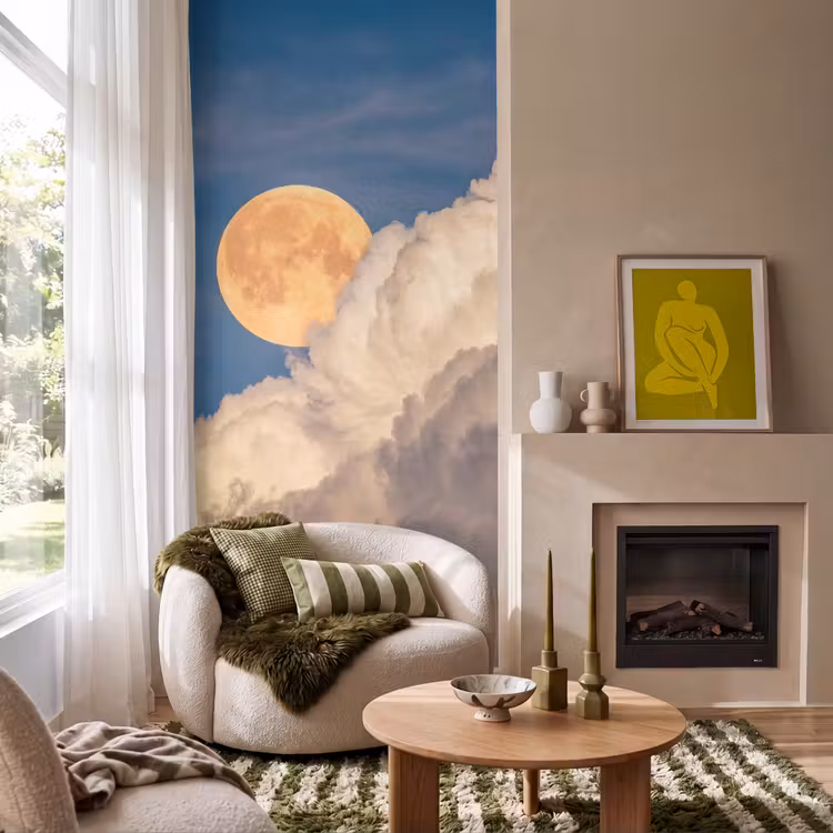 Maan - Wolken - Natuur - Oranje Behang Vlies klein -sfeer2