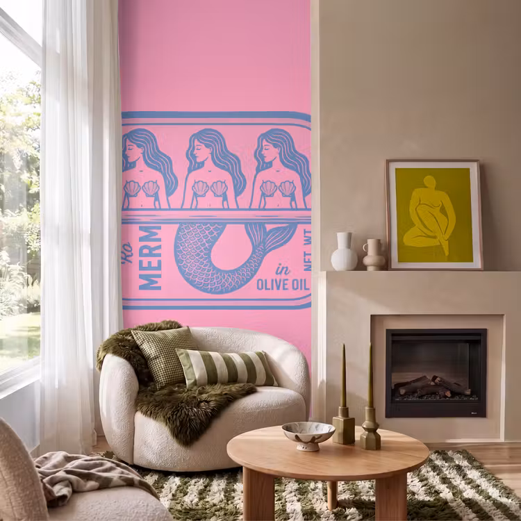 Meermin - Sardineblik - Illustratie - Roze - Retro Behang Vlies klein -sfeer2