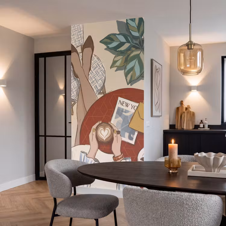 Mensen - Cafe - Koffie - Stadsleven - Modern Behang Vlies klein -sfeer3