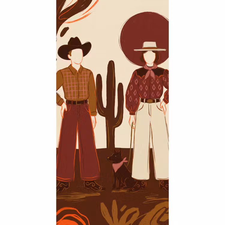 Mensen - Cowboykleding - Westerse stijl - Illustratie - Bruin Behang Vlies klein -3d_website