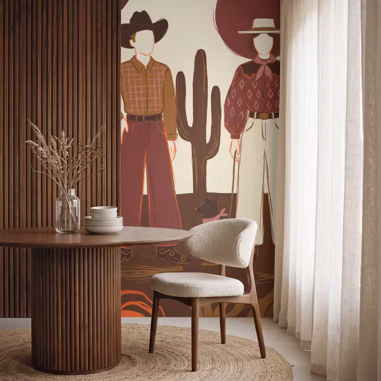 Mensen - Cowboykleding - Westerse stijl - Illustratie - Bruin Behang Vlies klein -sfeer1