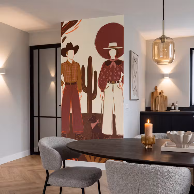 Mensen - Cowboykleding - Westerse stijl - Illustratie - Bruin Behang Vlies klein -sfeer3