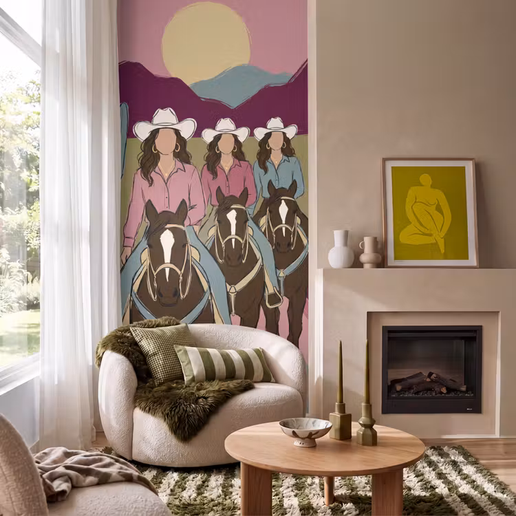 Mensen - Paard - Woestijn - Abstract - Roze Behang Vlies klein -sfeer2