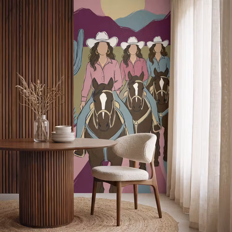 Mensen - Paard - Woestijn - Abstract - Roze Behang Vlies klein -sfeer1