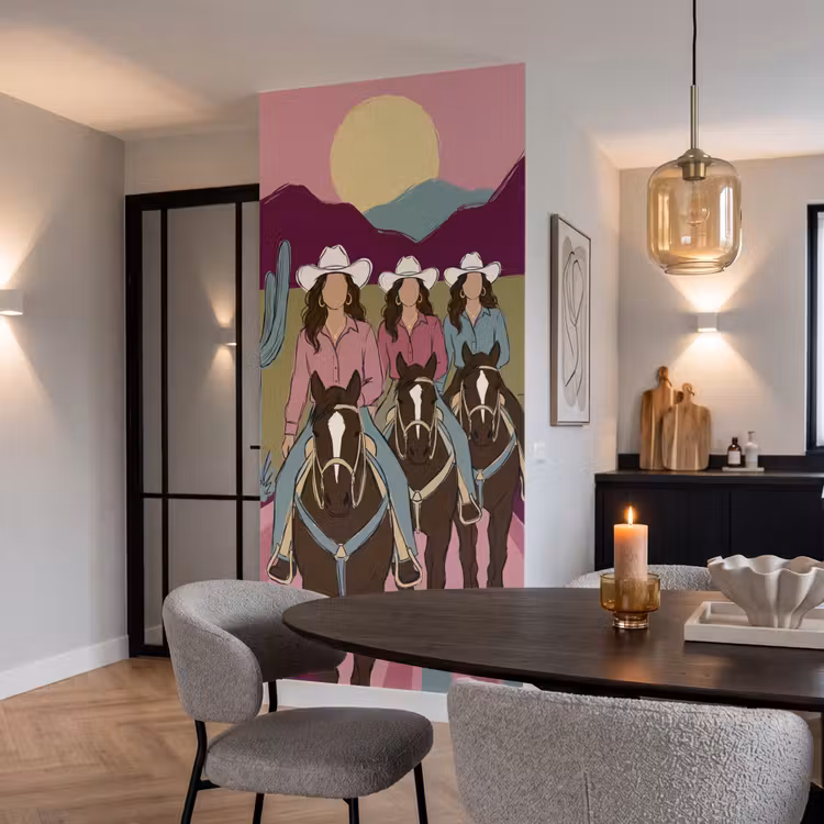 Mensen - Paard - Woestijn - Abstract - Roze Behang Vlies klein -sfeer3