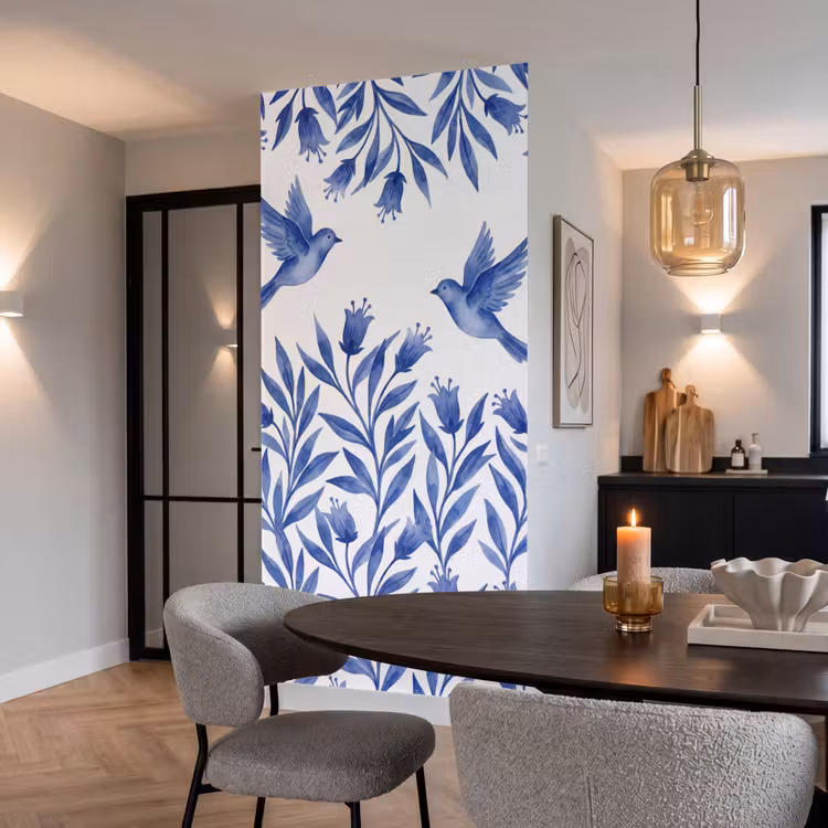 Modern - Vogels - Delfts - Blauw Behang Vlies klein -sfeer3