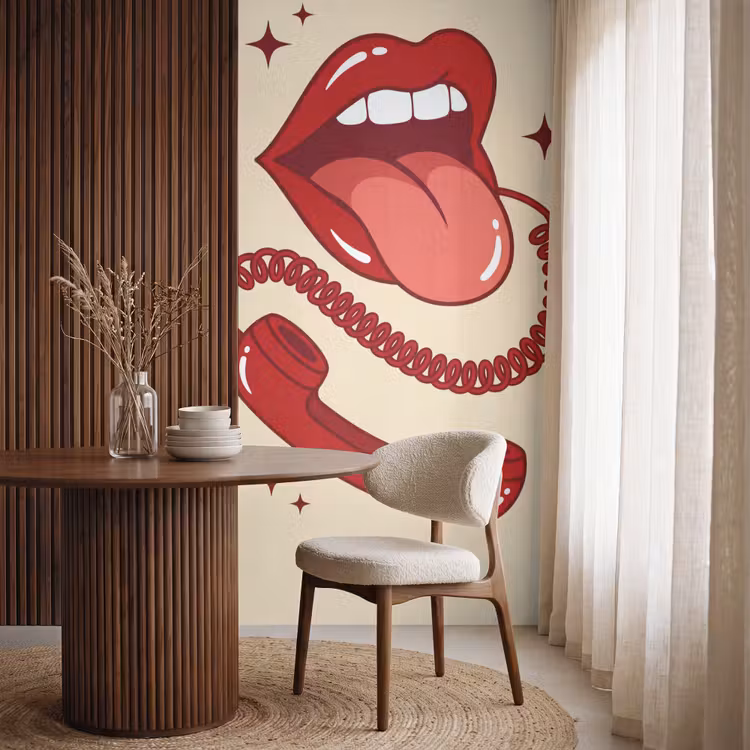 Mond - Telefoon - Popart - Rood - Illustratie Behang Vlies klein -sfeer1