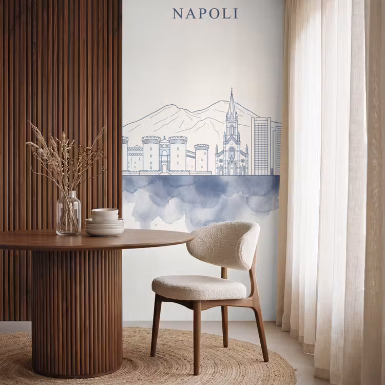 Napels - Skyline - Italie - Lijntekening - Aquarel Behang Vlies klein -sfeer1