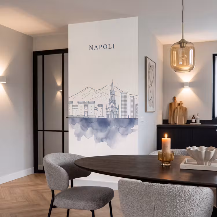 Napels - Skyline - Italie - Lijntekening - Aquarel Behang Vlies klein -sfeer3