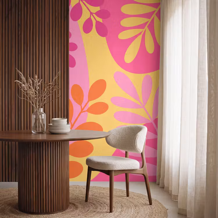 Natuur - Bladeren - Abstract - Roze - Geel Behang Vlies klein -sfeer1