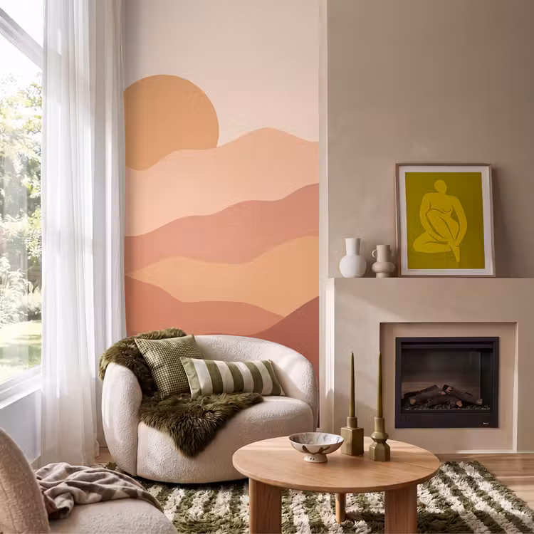 Natuur - Heuvels - Abstract - Modern - Oranje Behang Vlies klein -sfeer2