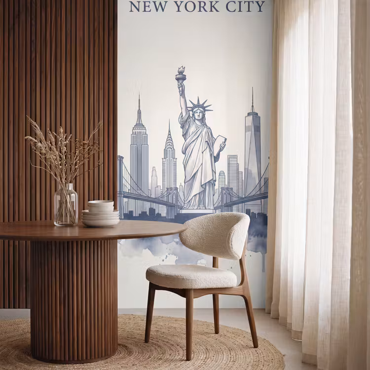 New York - Vrijheidsbeeld - Skyline - Illustratie - Blauw Behang Vlies klein -sfeer1