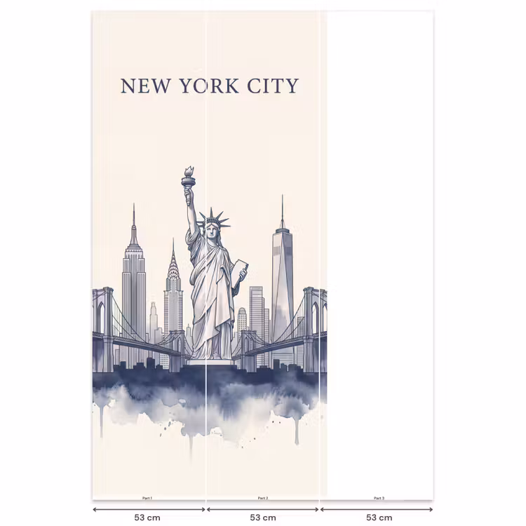 New York - Vrijheidsbeeld - Skyline - Illustratie - Blauw Behang Vlies klein -USP_banen