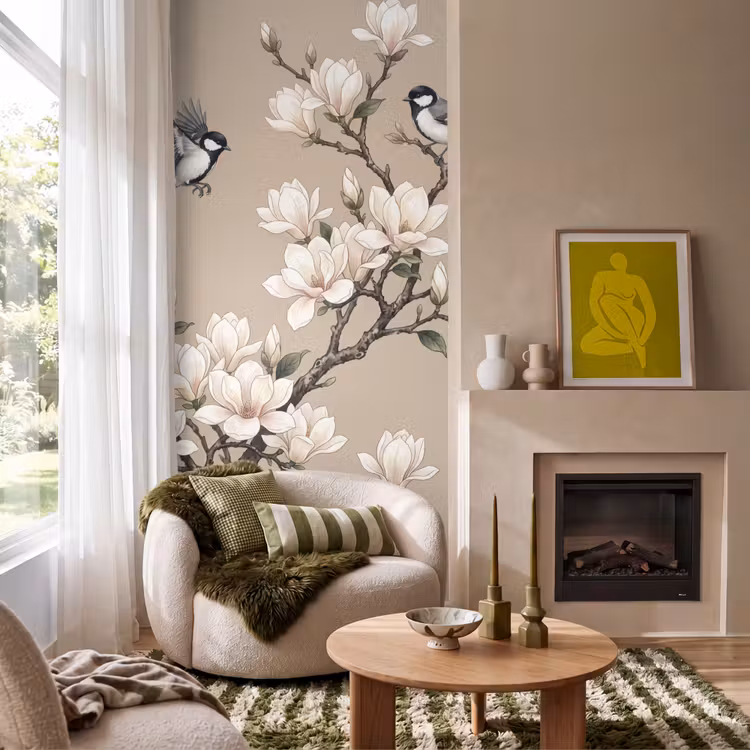 Oosters - Vogels - Beige Behang Vlies klein -sfeer2