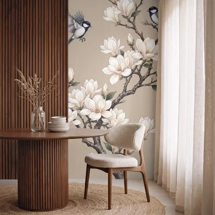 Oosters - Vogels - Beige Behang Vlies klein -sfeer1