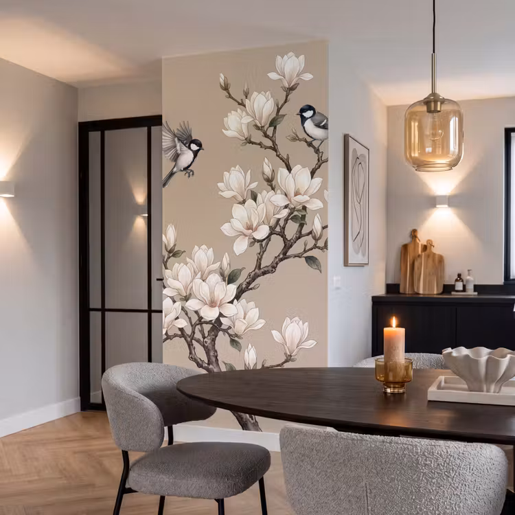 Oosters - Vogels - Beige Behang Vlies klein -sfeer3