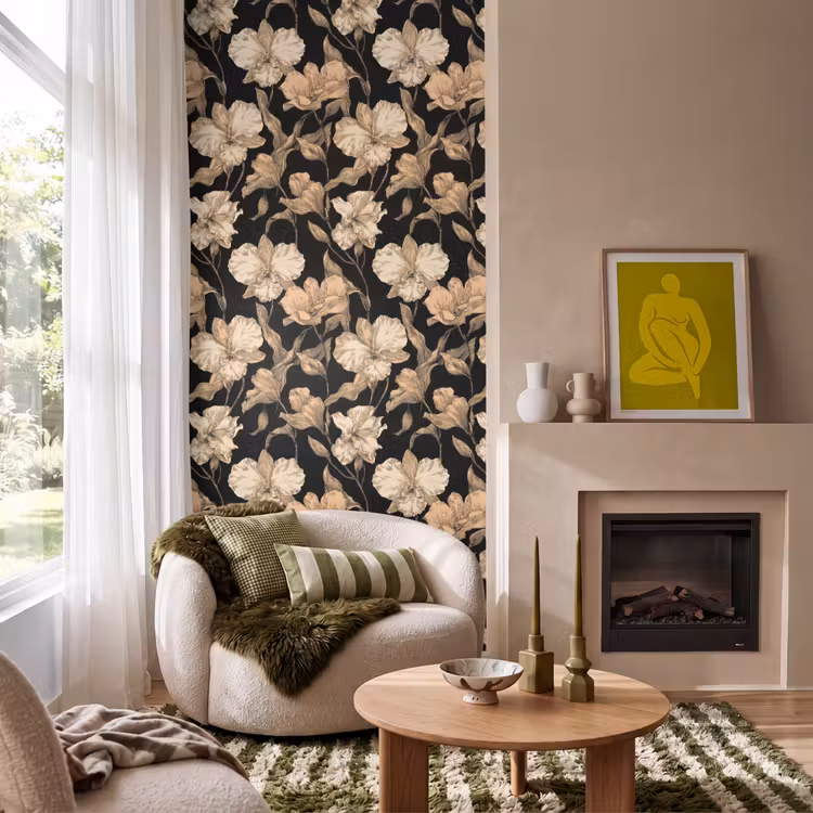 Orchideeën - Lijntekening - Patroon - Beige - Zwart Behang Vlies klein 1076 -sfeer2