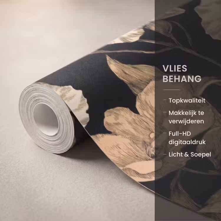 Orchideeën - Lijntekening - Patroon - Beige - Zwart Behang Vlies klein 1076 -USP_closeupNL