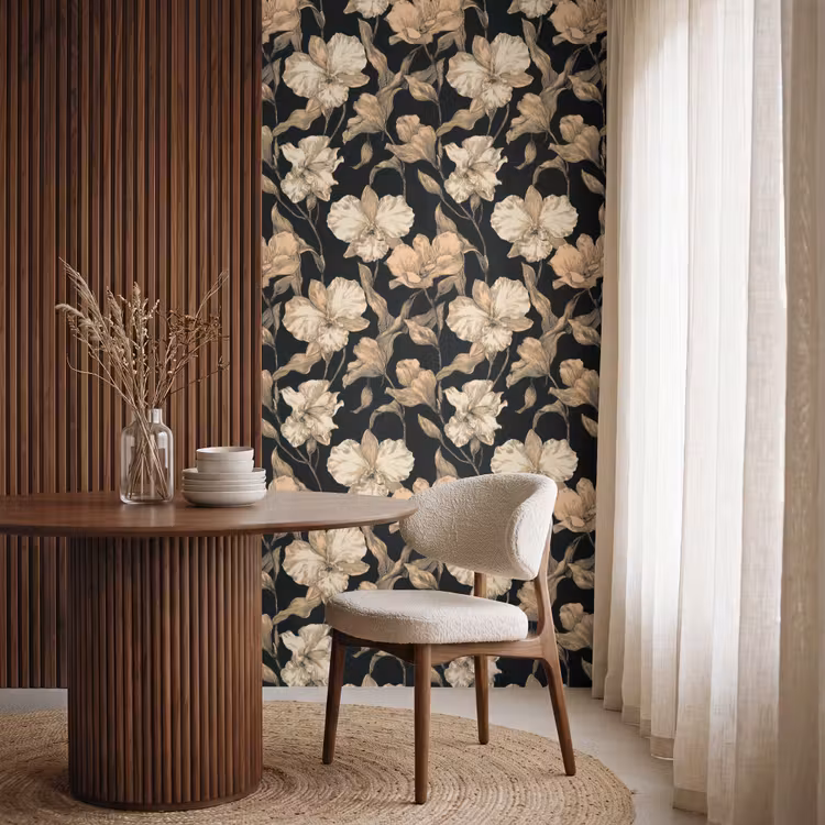 Orchideeën - Lijntekening - Patroon - Beige - Zwart Behang Vlies klein 1076 -sfeer1