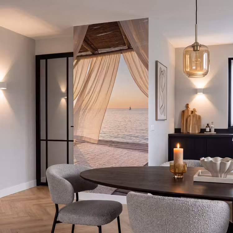Overkapping - Zee - Zonsondergang - Vakantie - Rust Behang Vlies klein -sfeer3