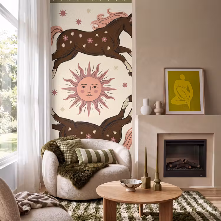 Paard - Zon - Mystiek - Illustratie - Roze Behang Vlies klein -sfeer2