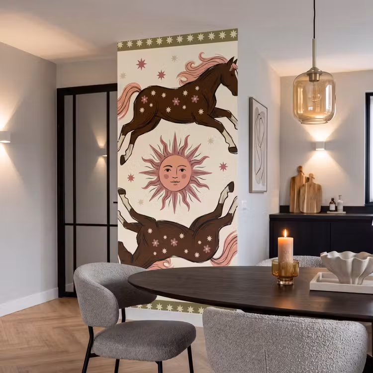 Paard - Zon - Mystiek - Illustratie - Roze Behang Vlies klein -sfeer3