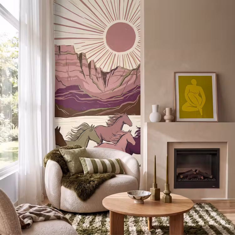 Paarden - Rennend - Woestijn - Natuur - Abstract Behang Vlies klein -sfeer2